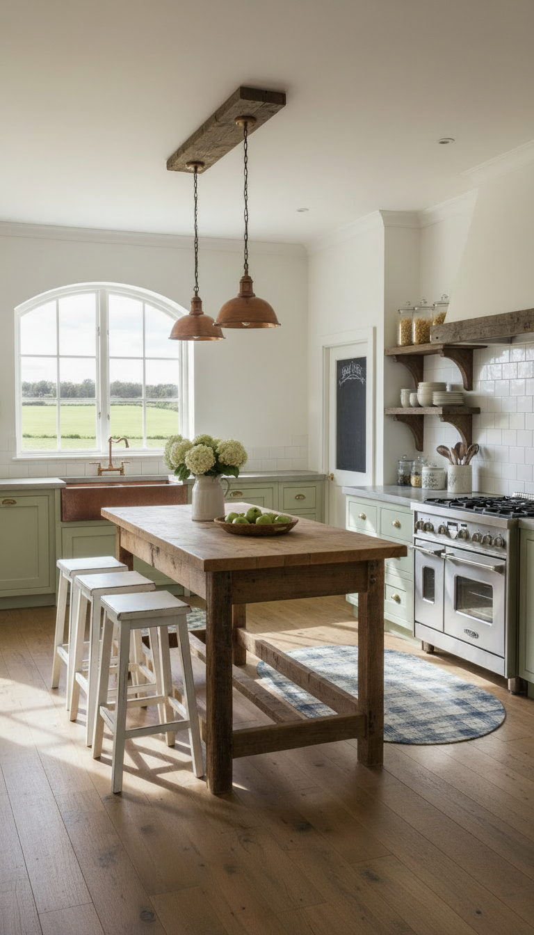 same farmhouse inspired kitchen, but remove any writing from the chalkboard in the image. No people or pets.