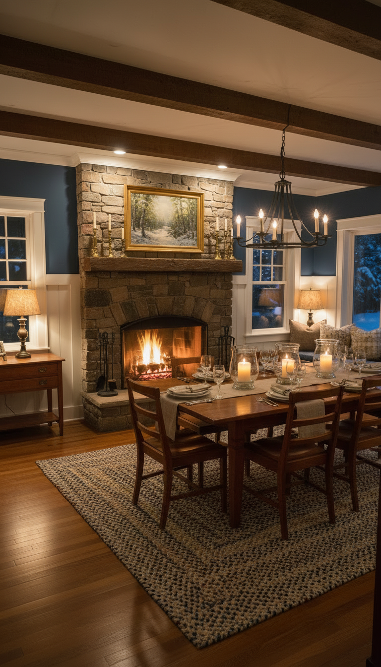 new england style dining room with fireplace, at night, with ambient lighting, without people, pets, or Christmas lights on the ceiling